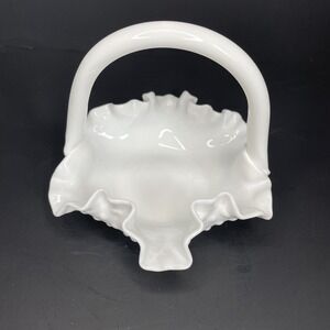 Vintage Fenton Ruffle Hobnail White Milk Glass Basket With Applied Handle